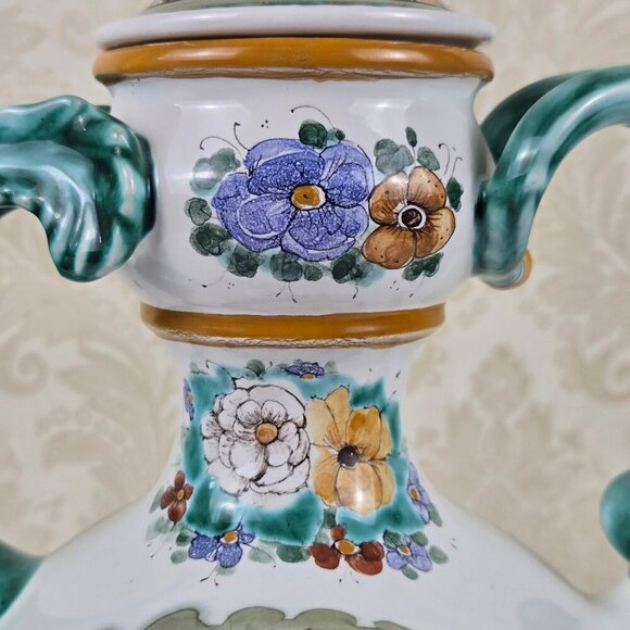 Vintage Hand Painted Footed Ceramic Water Pitcher Green White Floral Signed 1994 - Picture 5 of 16